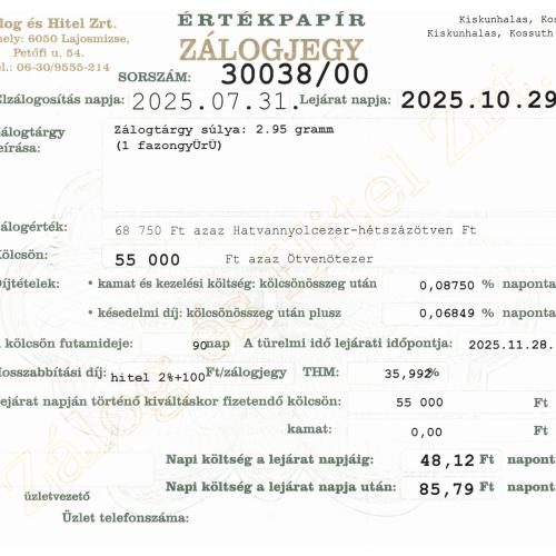 K-30038 sz. zálogjegy