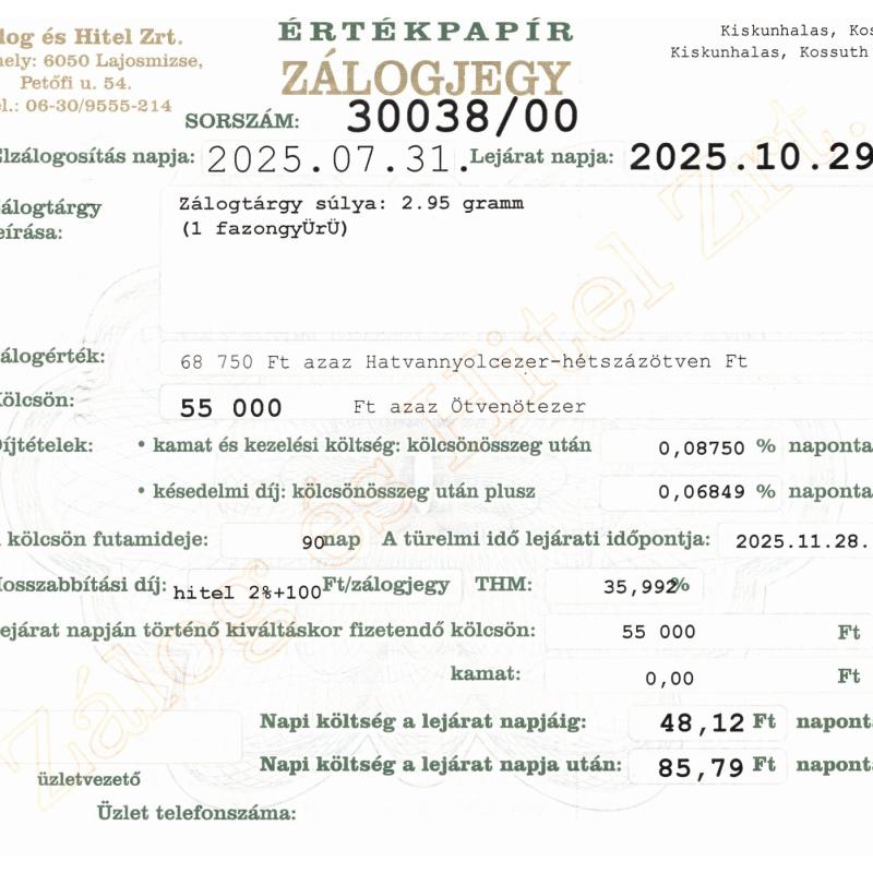 K-30038 sz. zálogjegy