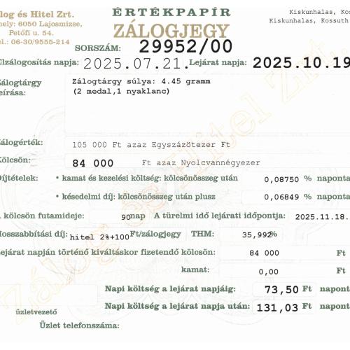 K-29952 sz. zálogjegy
