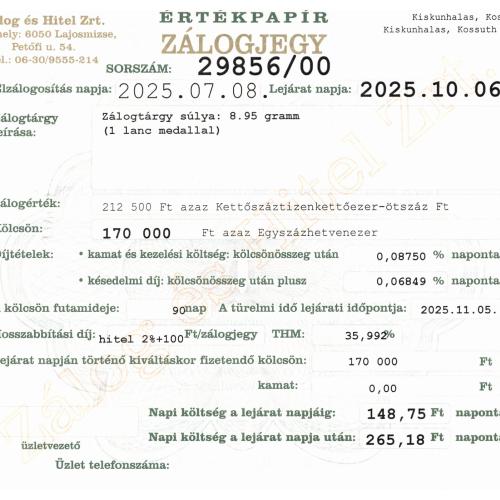 K-29856 sz. zálogjegy