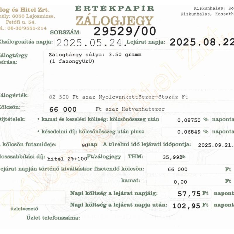 K-29529 sz. zálogjegy