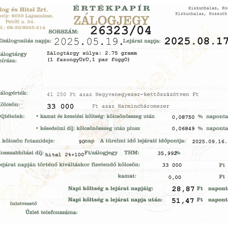 K-26323 sz. zálogjegy