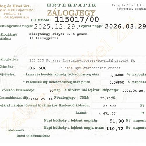 N-115017 sz. zálogjegy