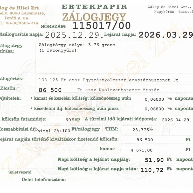 N-115017 sz. zálogjegy