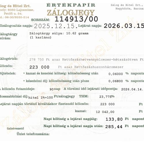 N-114913 sz. zálogjegy