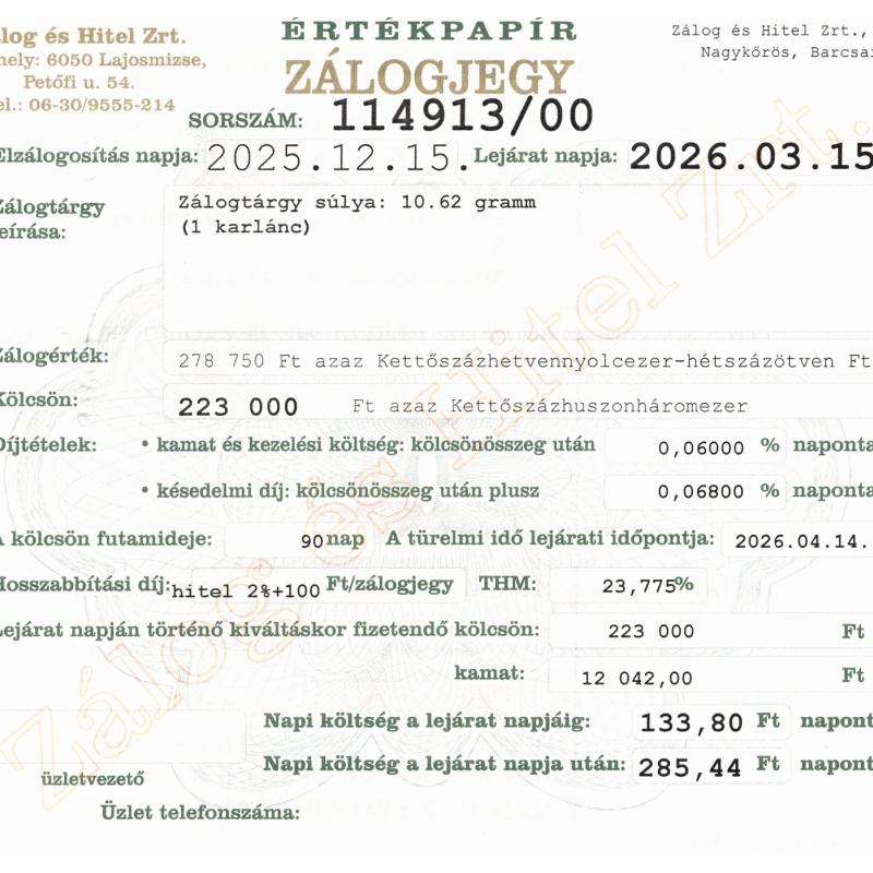 N-114913 sz. zálogjegy