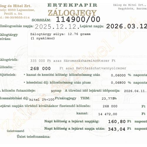 N-114900 sz. zálogjegy