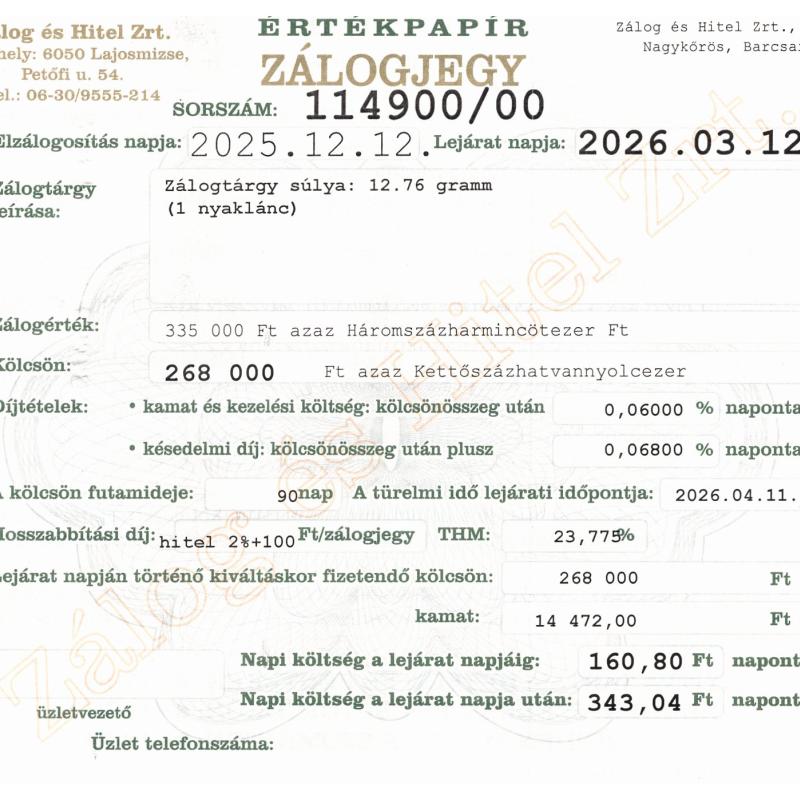 N-114900 sz. zálogjegy