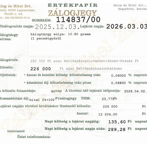 N-114837 sz. zálogjegy