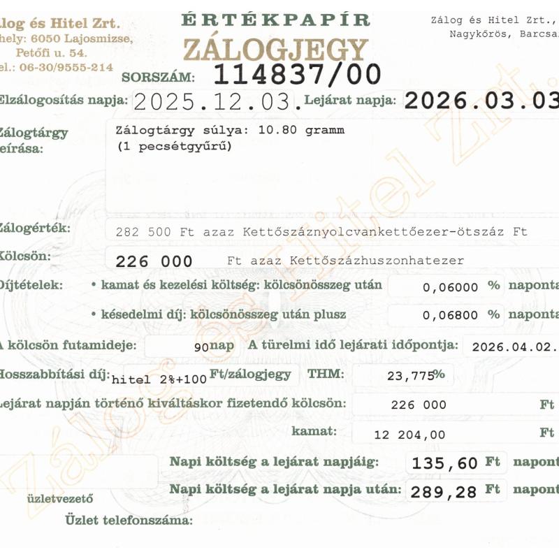 N-114837 sz. zálogjegy