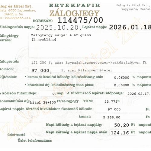 N-114475 sz. zálogjegy