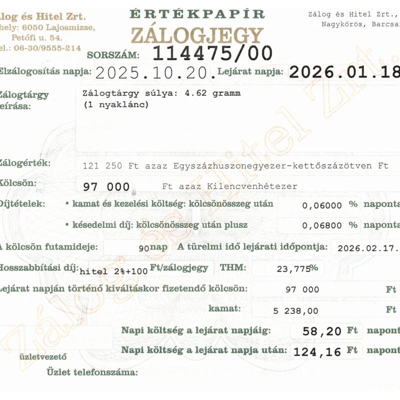 N-114475 sz. zálogjegy