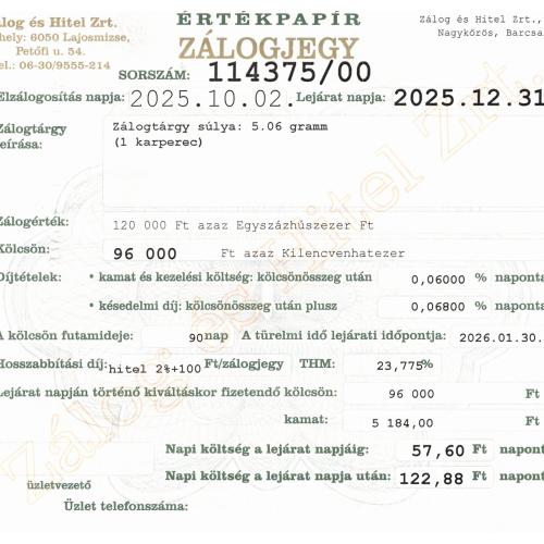 N-114375 sz. zálogjegy