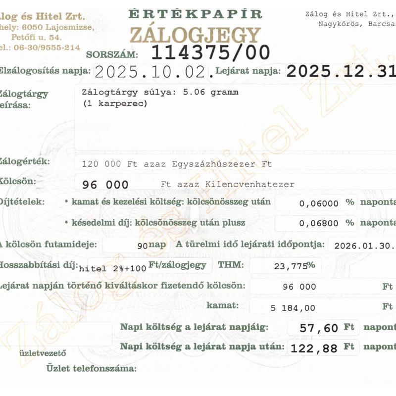 N-114375 sz. zálogjegy