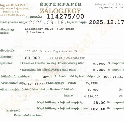N-114275 sz. zálogjegy