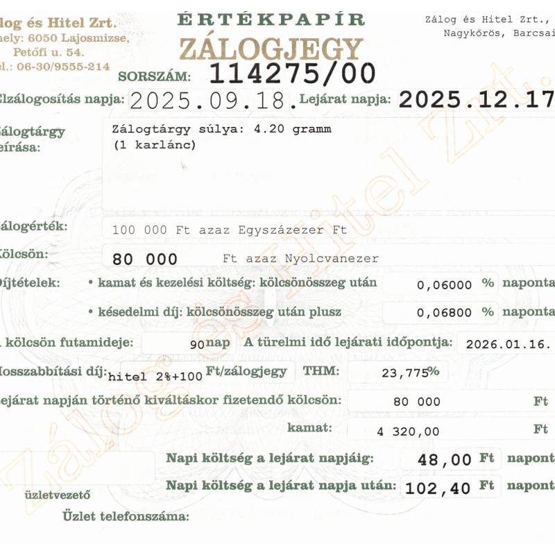 N-114275 sz. zálogjegy
