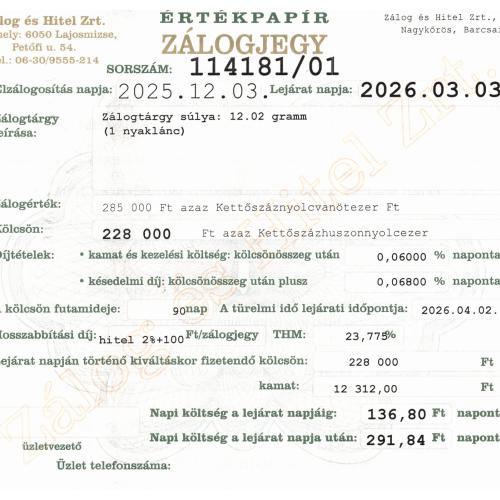N-114181 sz. zálogjegy