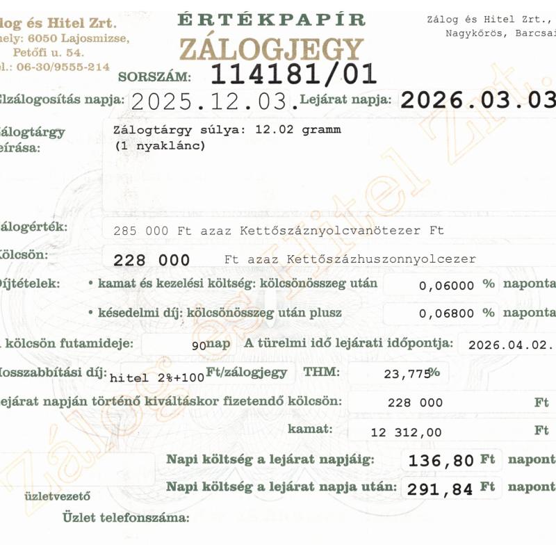 N-114181 sz. zálogjegy