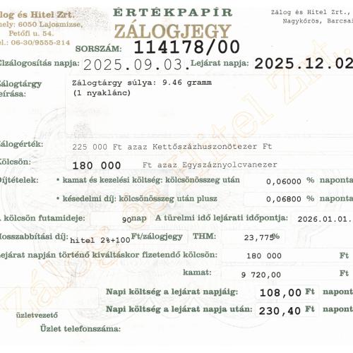 N-114178 sz. zálogjegy