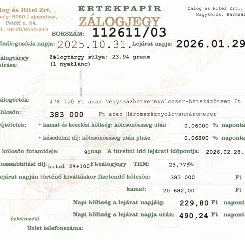 N-112611 sz. zálogjegy