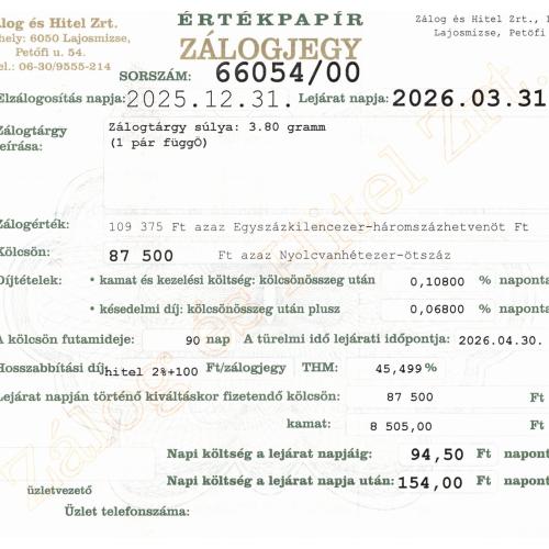 L-66054 sz. zálogjegy