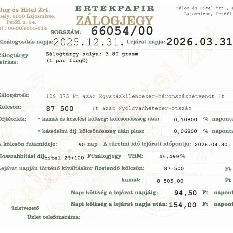 L-66054 sz. zálogjegy