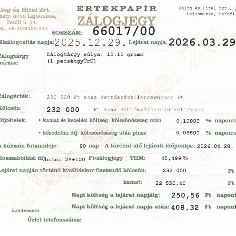L-66017 sz. zálogjegy