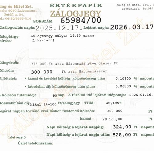 L-65984 sz. zálogjegy