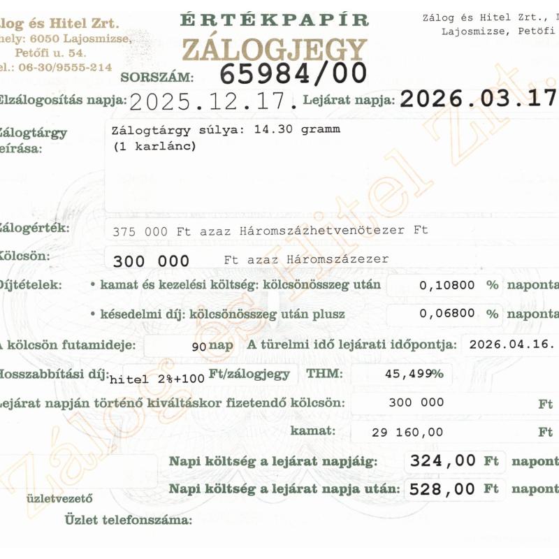 L-65984 sz. zálogjegy