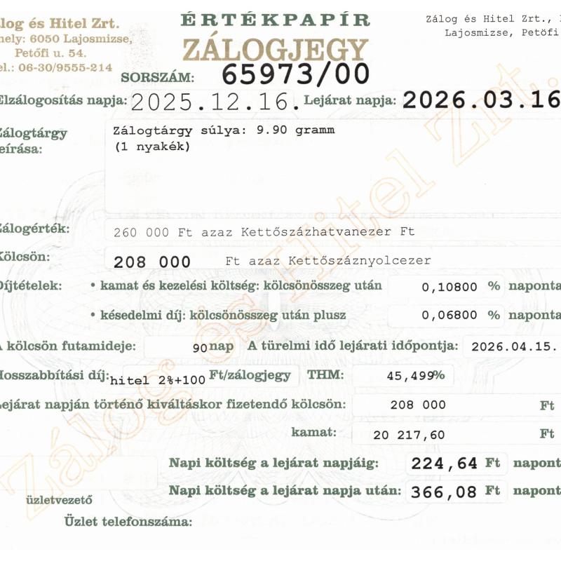 L-65973 sz. zálogjegy