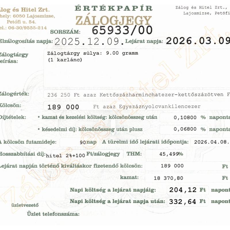 L-65933 sz. zálogjegy