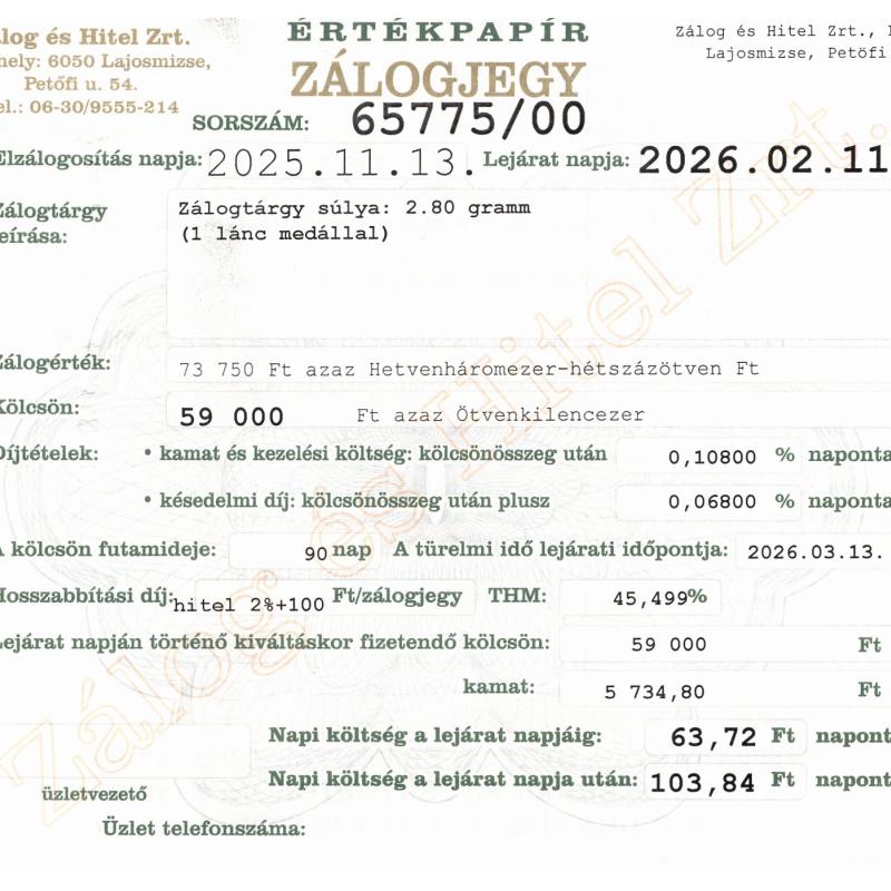 L-65775 sz. zálogjegy