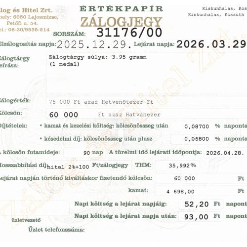 K-31176 sz. zálogjegy