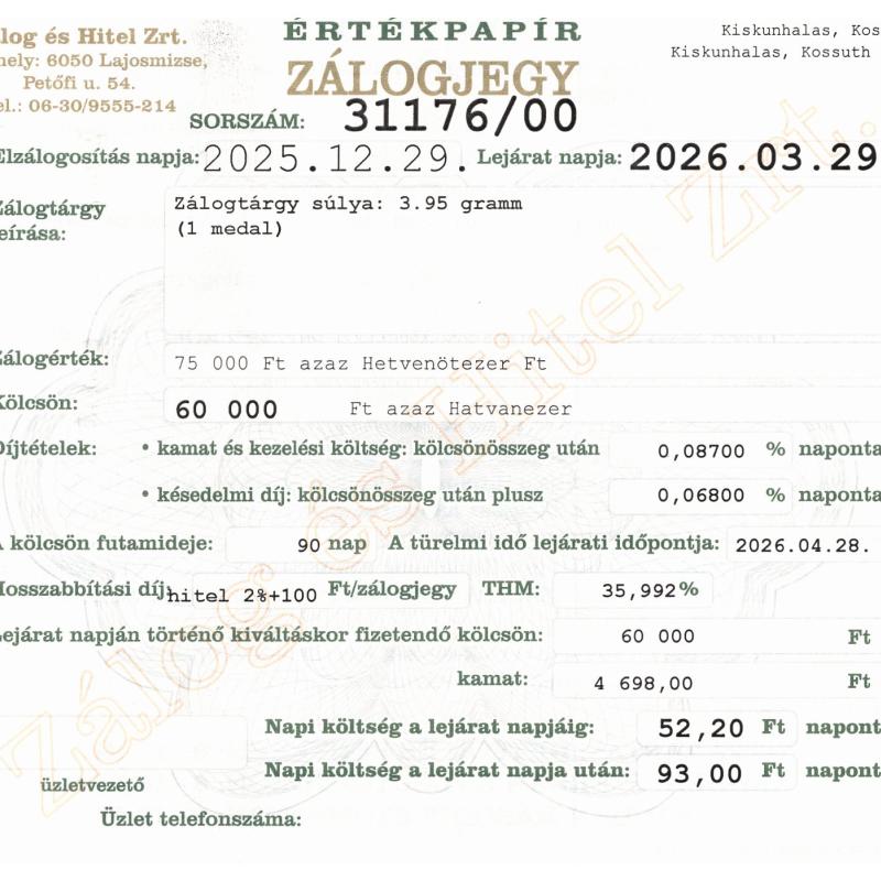 K-31176 sz. zálogjegy