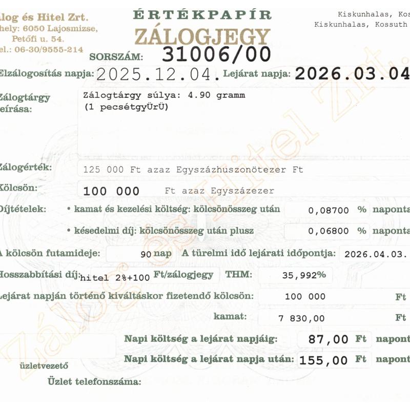 K-31006 sz. zálogjegy