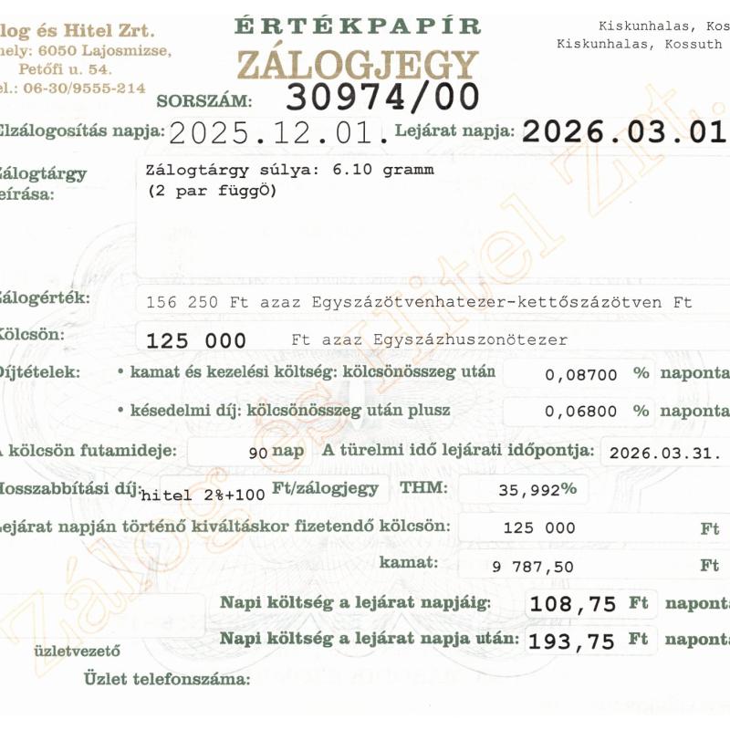K-30974 sz. zálogjegy