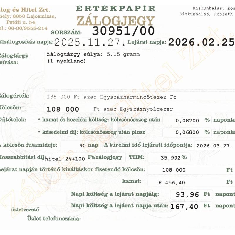 K-30951 sz. zálogjegy
