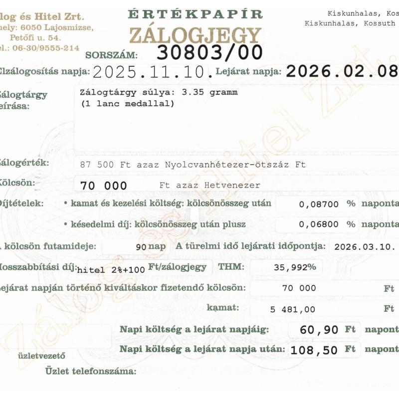K-30803 sz. zálogjegy