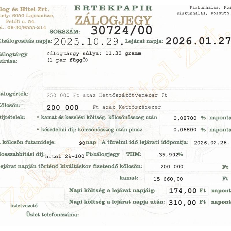 K-30724 sz. zálogjegy