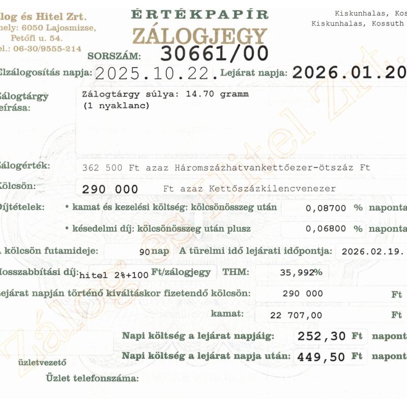 K-30661 sz. zálogjegy