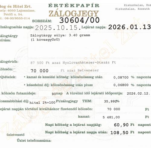 K-30604 sz. zálogjegy