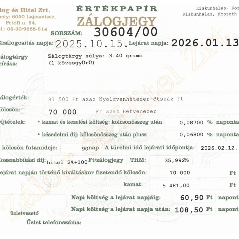 K-30604 sz. zálogjegy