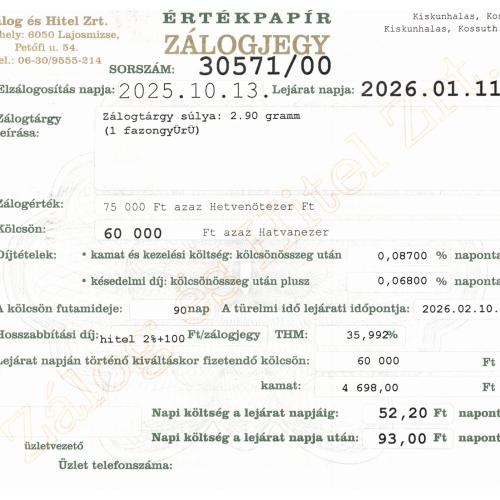 K-30571 sz. zálogjegy