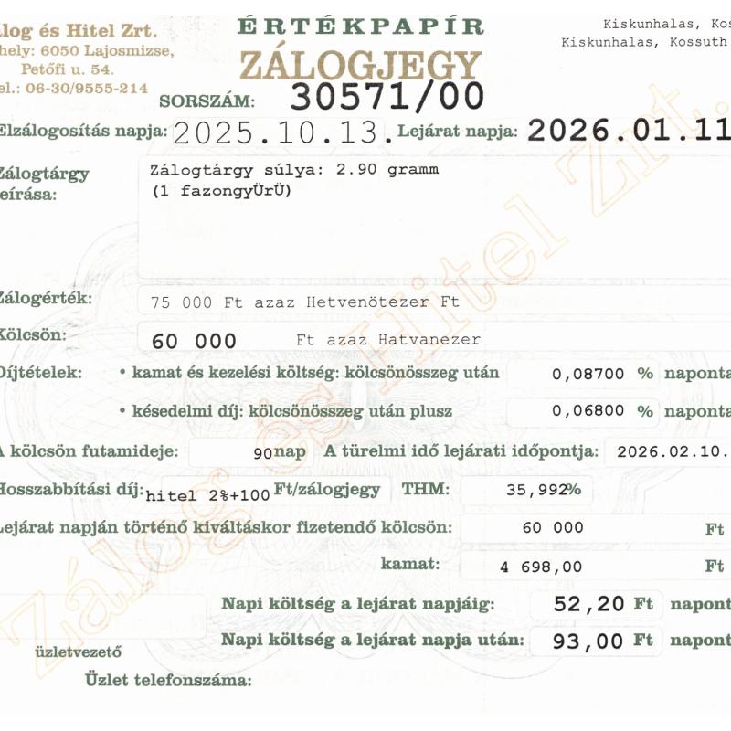 K-30571 sz. zálogjegy
