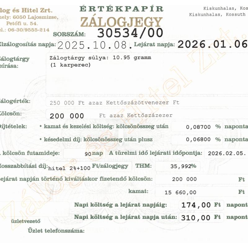 K-30534 sz. zálogjegy
