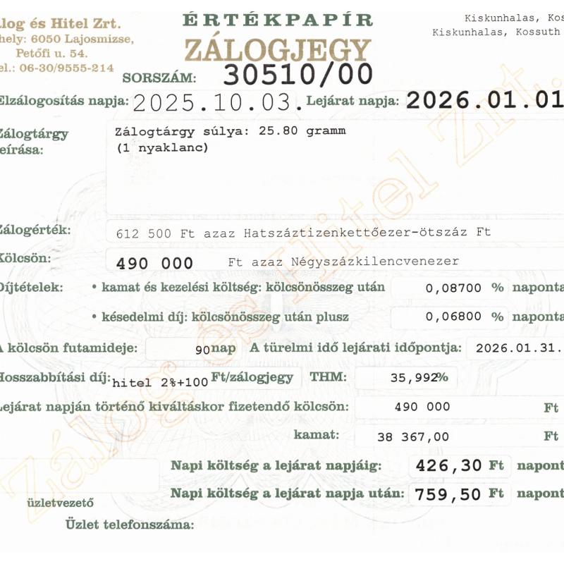 K-30510 sz. zálogjegy