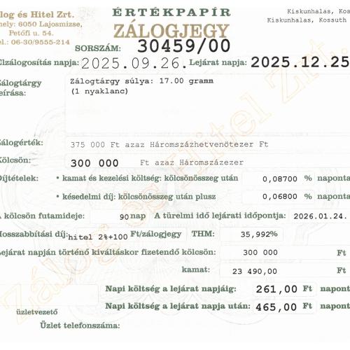 K-30459 sz. zálogjegy