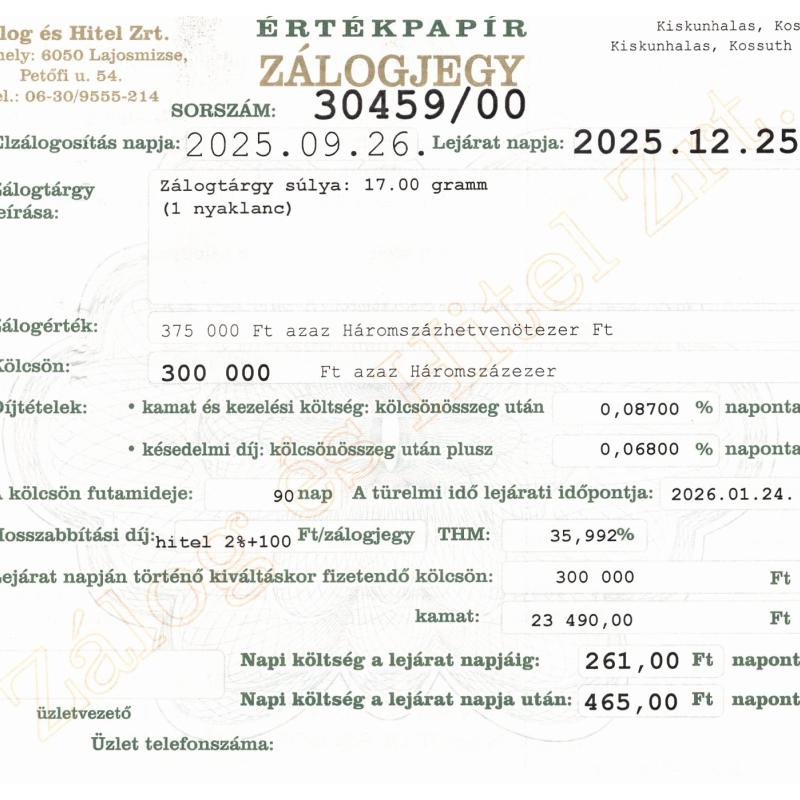 K-30459 sz. zálogjegy