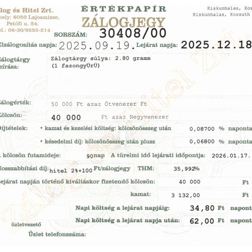 K-30408 sz. zálogjegy
