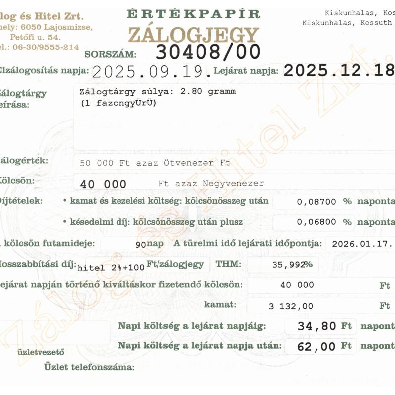 K-30408 sz. zálogjegy